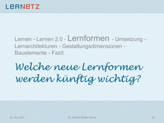 Welche neue Lernformen
werden künftig wichtig?
Lernen - Lernen 2.0 - Lernformen - Umsetzung -
Lernarchitekturen - Gestaltungsdimensionen -
Bauelemente - Fazit
24.	
  Mai	
  2013	
   Dr. Daniel Stoller-Schai
 18	
  
 