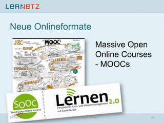 Neue Onlineformate
Massive Open
Online Courses
- MOOCs
24. Mai 2013 24Dr. Daniel Stoller-Schai
 