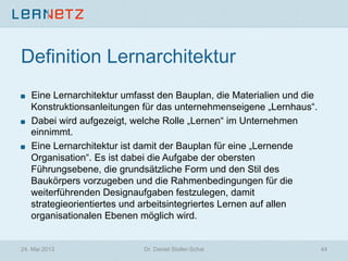 Definition Lernarchitektur
! Eine Lernarchitektur umfasst den Bauplan, die Materialien und die
Konstruktionsanleitungen für das unternehmenseigene „Lernhaus“.
! Dabei wird aufgezeigt, welche Rolle „Lernen“ im Unternehmen
einnimmt.
! Eine Lernarchitektur ist damit der Bauplan für eine „Lernende
Organisation“. Es ist dabei die Aufgabe der obersten
Führungsebene, die grundsätzliche Form und den Stil des
Baukörpers vorzugeben und die Rahmenbedingungen für die
weiterführenden Designaufgaben festzulegen, damit
strategieorientiertes und arbeitsintegriertes Lernen auf allen
organisationalen Ebenen möglich wird.
24. Mai 2013 Dr. Daniel Stoller-Schai 44
 
