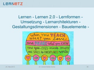 24. Mai 2013 Dr. Daniel Stoller-Schai 56
Lernen - Lernen 2.0 - Lernformen -
Umsetzung - Lernarchitekturen -
Gestaltungsdimensionen - Bauelemente -
 