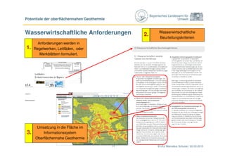 Bayerisches Landesamt für
Umwelt
Wasserwirtschaftliche Anforderungen
© LfU/ Marcellus Schulze / 22.03.2015
Potentiale der oberflächennahen Geothermie
11
Anforderungen werden in
Regelwerken, Leitfäden, oder
Merkblättern formuliert.
1.
Wasserwirtschaftliche
Beurteilungskriterien
2.
Umsetzung in die Fläche im
Informationssystem
Oberflächennahe Geothermie
3.
 