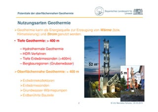 Bayerisches Landesamt für
Umwelt
© LfU/ Marcellus Schulze / 22.03.20152
Potentiale der oberflächennahen Geothermie
Nutzungsarten Geothermie
Geothermie kann als Energiequelle zur Erzeugung von Wärme (bzw.
Klimatisierung) und Strom genutzt werden.
• Tiefe Geothermie: > 400 m
– Hydrothermale Geothermie
– HDR-Verfahren
– Tiefe Erdwärmesonden (>400m)
– Bergbauregionen (Grubenwässer)
Oberflächennahe Geothermie: < 400 m
Erdwärmekollektoren
Erdwärmesonden
Grundwasser-Wärmepumpen
Erdberührte Bauteile
52 m
Quelle: Herrenknecht Vertical AG
5 m
 
