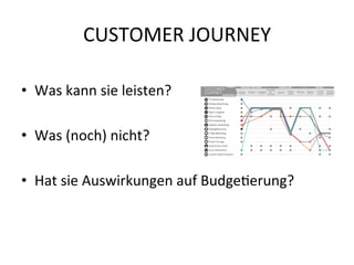 CUSTOMER	
  JOURNEY	
  
•  Was	
  kann	
  sie	
  leisten?	
  	
  
•  Was	
  (noch)	
  nicht?	
  
•  Hat	
  sie	
  Auswirkungen	
  auf	
  Budge*erung?	
  
 