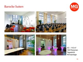 10
43 – 110 m2
100 Personen
Tageslicht
Klimaanlage
Barocke Suiten
 