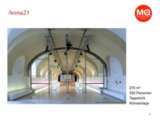 6
Arena21
270 m2
350 Personen
Tageslicht
Klimaanlage
 