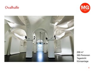 8
298 m2
360 Personen
Tageslicht
Klimaanlage
Ovalhalle
 