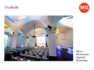 9
Ovalhalle
298 m2
360 Personen
Tageslicht
Klimaanlage
 