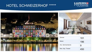 HOTEL SCHWEIZERHOF *****
Zimmer
101
Betten
196
Anz. Seminarräume
9
Max. Kap. Theater
450
 