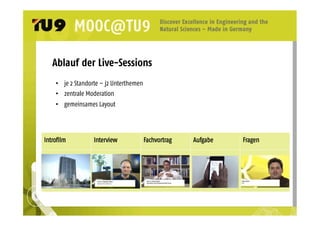 Ablauf der Live-Sessions 
• je 2 Standorte – j2 Unterthemen 
• zentrale Moderation 
• gemeinsames Layout 
Intro"lm Interview Fachvortrag Aufgabe Fragen 
 