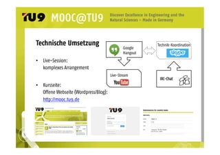 Technische Umsetzung 
• Live-Session: 
komplexes Arrangement 
• Kursseite: 
O#ene Webseite (Wordpress/Blog): 
http://mooc.tu9.de 
IRC-Chat 
Google 
Hangout 
Technik-Koordination 
Live-Stream 
 