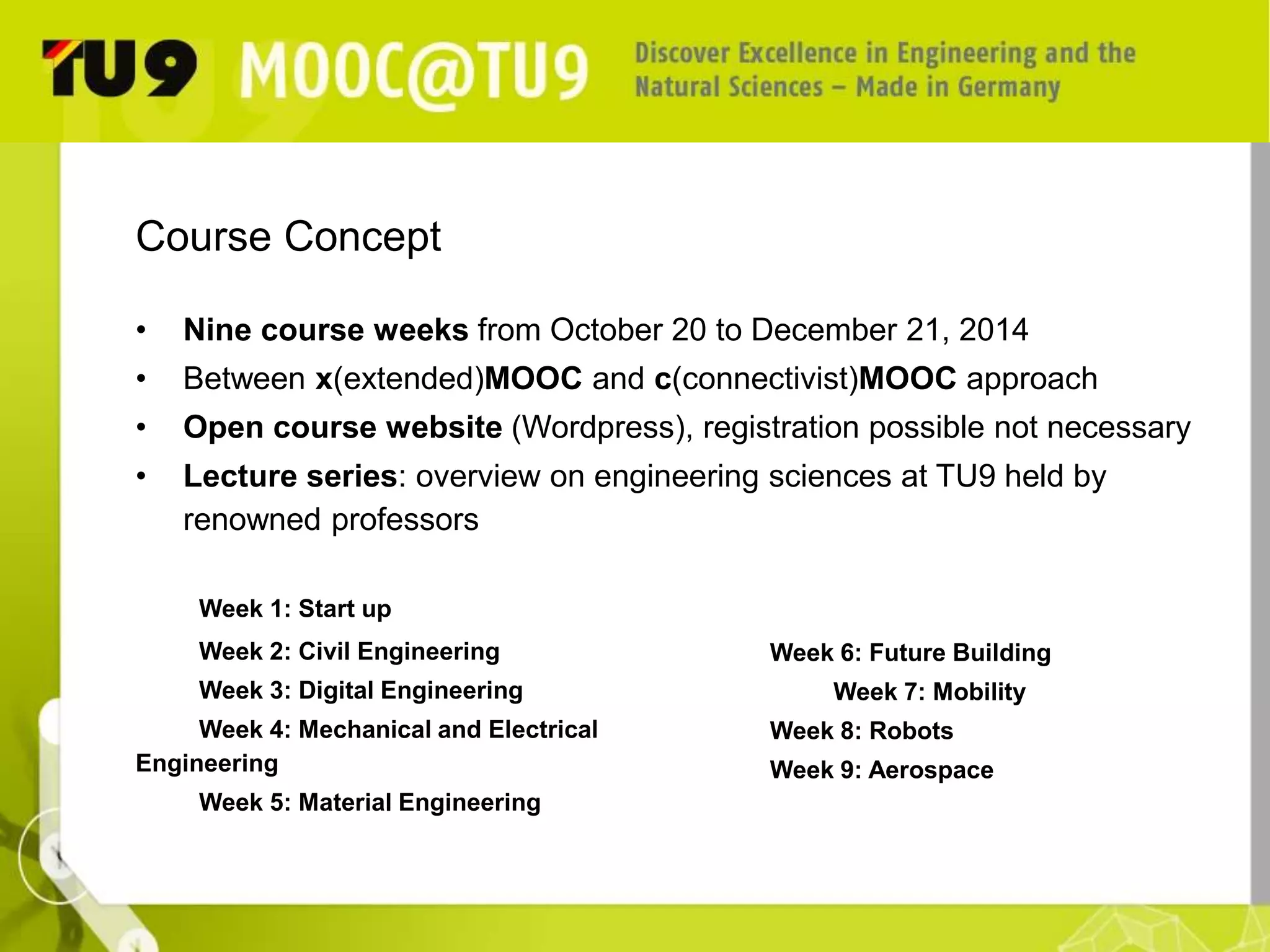 Course Concept 
• Nine course weeks from October 20 to December 21, 2014 
• Between x(extended)MOOC and c(connectivist)MOOC approach 
• Open course website (Wordpress), registration possible not necessary 
• Lecture series: overview on engineering sciences at TU9 held by 
renowned professors 
Week 1: Start up 
Week 2: Civil Engineering 
Week 3: Digital Engineering 
Week 4: Mechanical and Electrical Engineering 
Week 5: Material Engineering 
Week 6: Future Building 
Week 7: Mobility 
Week 8: Robots 
Week 9: Aerospace 
 