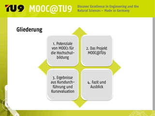 Gliederung
1. Potenziale
von MOOCs für
die Hochschul-
bildung	
  
2. Das Projekt
MOOC@TU9	
  
3. Ergebnisse
aus Kursdurch-
führung und
Kursevaluation	
  
4. Fazit und
Ausblick	
  
 