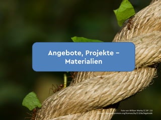 Angebote, Projekte –
Materialien
Foto	von	William	Warby CC	BY		2.0
https://creativecommons.org/licenses/by/2.0/de/legalcode
 
