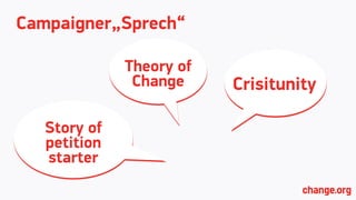 Campaigner„Sprech“
Theory of
Change
Story of
petition
starter
Crisitunity
 
