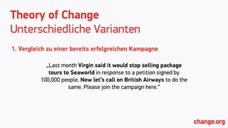 Theory of Change
Unterschiedliche Varianten
„Last month Virgin said it would stop selling package
tours to Seaworld in response to a petition signed by
100,000 people. Now let’s call on British Airways to do the
same. Please join the campaign here.“
1. Vergleich zu einer bereits erfolgreichen Kampagne
 