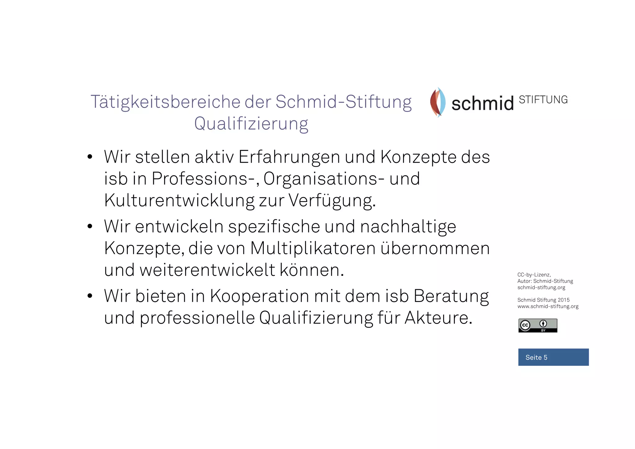 CC-by-Lizenz,
Autor: Schmid-Stiftung
schmid-stiftung.org
Schmid Stiftung 2015
www.schmid-stiftung.org
• Wir stellen aktiv Erfahrungen und Konzepte des
isb in Professions-, Organisations- und
Kulturentwicklung zur Verfügung.
• Wir entwickeln spezifische und nachhaltige
Konzepte, die von Multiplikatoren übernommen
und weiterentwickelt können.
• Wir bieten in Kooperation mit dem isb Beratung
und professionelle Qualifizierung für Akteure.
Seite 5
Tätigkeitsbereiche der Schmid-Stiftung
Qualifizierung
 