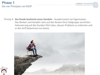 Phase 1
Die vier Prinzipien von EKS®
Prinzip 4: Der Kunde bestimmt unser Handeln – Kundennutzen vor Eigennutzen
Das Denken und Handeln stets auf den Nutzen Ihrer Zielgruppe ausrichten.
Fokussierung auf den Kunden führt dazu, dessen Probleme zu erkennen und
in den Griff bekommen (zu lösen).
 