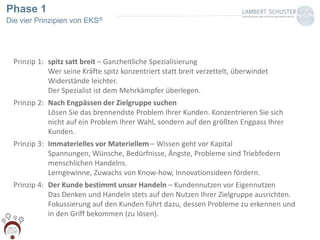 Phase 1
Die vier Prinzipien von EKS®
Prinzip 1: spitz satt breit – Ganzheitliche Spezialisierung
Wer seine Kräfte spitz konzentriert statt breit verzettelt, überwindet
Widerstände leichter.
Der Spezialist ist dem Mehrkämpfer überlegen.
Prinzip 2: Nach Engpässen der Zielgruppe suchen
Lösen Sie das brennendste Problem Ihrer Kunden. Konzentrieren Sie sich
nicht auf ein Problem Ihrer Wahl, sondern auf den größten Engpass Ihrer
Kunden.
Prinzip 3: Immaterielles vor Materiellem – Wissen geht vor Kapital
Spannungen, Wünsche, Bedürfnisse, Ängste, Probleme sind Triebfedern
menschlichen Handelns.
Lerngewinne, Zuwachs von Know-how, Innovationsideen fördern.
Prinzip 4: Der Kunde bestimmt unser Handeln – Kundennutzen vor Eigennutzen
Das Denken und Handeln stets auf den Nutzen Ihrer Zielgruppe ausrichten.
Fokussierung auf den Kunden führt dazu, dessen Probleme zu erkennen und
in den Griff bekommen (zu lösen).
 