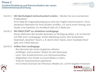 Phase 2
Content-Erstellung und Kommunikation der neuen
Unternehmensausrichtung
Schritt 1: Mit Werthaltigkeit Aufmerksamkeit erzielen – Werden Sie zum anerkannten
Problemlöser.
Ihren Weg der Engpassbeseitigung so stark wie möglich kommunizieren. Einen
attraktiven Mehrwert für Ihren Kunden schaffen, z.B. durch einen Vortrag, eine
Studie, eine Expertise, ein Handbuch oder ein E-Book sein.
Schritt 2: Mit SMILE ECM® zur attraktiven Landingpage
Diesen Mehrwert den Kunden kostenlos zur Verfügung stellen, z.B. im Internet
mit Hilfe einer Landingpage. Virales Marketing nutzen. Den kostenlosen
Download „bezahlen“ lassen, z. B. durch einen Tweet, einen Facebook-Share
oder eine E-Mail-Adresse.
Schritt 3: Aufbau Ihrer Landingpage
- Den Besucher bei seinen Engpässen abholen,
- Auffälliger „Call to Action“-Button für den Download,
- Leser- bzw. Kundenstimmen zum Vertrauensaufbau,
- Möglichkeit, Ihre Inhalte via Social Media zu teilen,
- Texte für Suchmaschinen optimieren
- mit Content-Outreach die Influencer, Medien etc. auf Ihr Angebot hinweisen
 