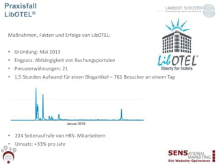Praxisfall
LibOTEL®
Maßnahmen, Fakten und Erfolge von LibOTEL:
• Gründung: Mai 2013
• Engpass: Abhängigkeit von Buchungsportalen
• Presseerwähnungen: 21
• 1,5 Stunden Aufwand für einen Blogartikel – 761 Besucher an einem Tag
• 224 Seitenaufrufe von HRS- Mitarbeitern
• Umsatz: +33% pro Jahr
 