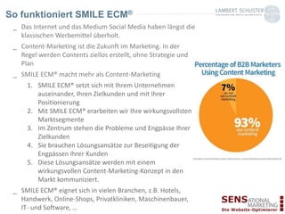 _ Das Internet und das Medium Social Media haben längst die
klassischen Werbemittel überholt.
_ Content-Marketing ist die Zukunft im Marketing. In der
Regel werden Contents ziellos erstellt, ohne Strategie und
Plan
_ SMILE ECM® macht mehr als Content-Marketing
1. SMILE ECM® setzt sich mit Ihrem Unternehmen
auseinander, Ihren Zielkunden und mit Ihrer
Positionierung
2. Mit SMILE ECM® erarbeiten wir Ihre wirkungsvollsten
Marktsegmente
3. Im Zentrum stehen die Probleme und Engpässe Ihrer
Zielkunden
4. Sie brauchen Lösungsansätze zur Beseitigung der
Engpässen Ihrer Kunden
5. Diese Lösungsansätze werden mit einem
wirkungsvollen Content-Marketing-Konzept in den
Markt kommuniziert.
_ SMILE ECM® eignet sich in vielen Branchen, z.B. Hotels,
Handwerk, Online-Shops, Privatkliniken, Maschinenbauer,
IT- und Software, …
So funktioniert SMILE ECM®
 