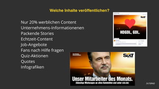 Welche Inhalte veröffentlichen?
Nur 20% werblichen Content
Unternehmens-Informationenen
Packende Stories
Echtzeit-Content
Job-Angebote
Fans nach Hilfe fragen
Quiz-Aktionen
Quotes
Infograﬁken
 