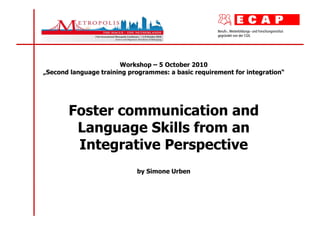 Workshop – 5 October 2010 „Second language training programmes: a basic requirement for integration“ Foster communication and Language Skills from an Integrative Perspective by Simone Urben 