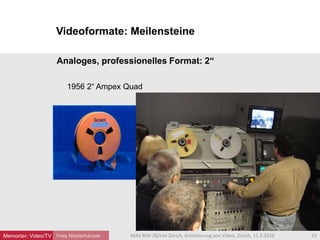 Videoformate: Meilensteine
Yves Niederhäuser
Analoges, professionelles Format: 2“
1956 2“ Ampex Quad
15MAS BIW ZB/Uni Zürich, Archivierung von Video, Zürich, 11.3.2016Memoriav: Video/TV
 