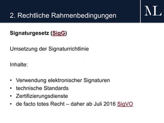 2. Rechtliche Rahmenbedingungen
Signaturgesetz (SigG)
Umsetzung der Signaturrichtlinie
Inhalte:
• Verwendung elektronischer Signaturen
• technische Standards
• Zertifizierungsdienste
• de facto totes Recht – daher ab Juli 2016 SigVO
 