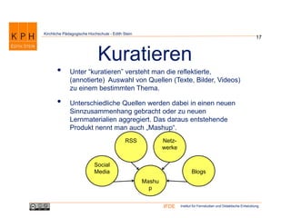 Institut für Fernstudien und Didaktische EntwicklungIFDE
Kirchliche Pädagogische Hochschule - Edith Stein
• Unter “kuratieren” versteht man die reflektierte,
(annotierte) Auswahl von Quellen (Texte, Bilder, Videos)
zu einem bestimmten Thema.
• Unterschiedliche Quellen werden dabei in einen neuen
Sinnzusammenhang gebracht oder zu neuen
Lernmaterialien aggregiert. Das daraus entstehende
Produkt nennt man auch „Mashup“.
17
Kuratieren
Mashu
p
Social
Media
RSS Netz-
werke
Blogs
 