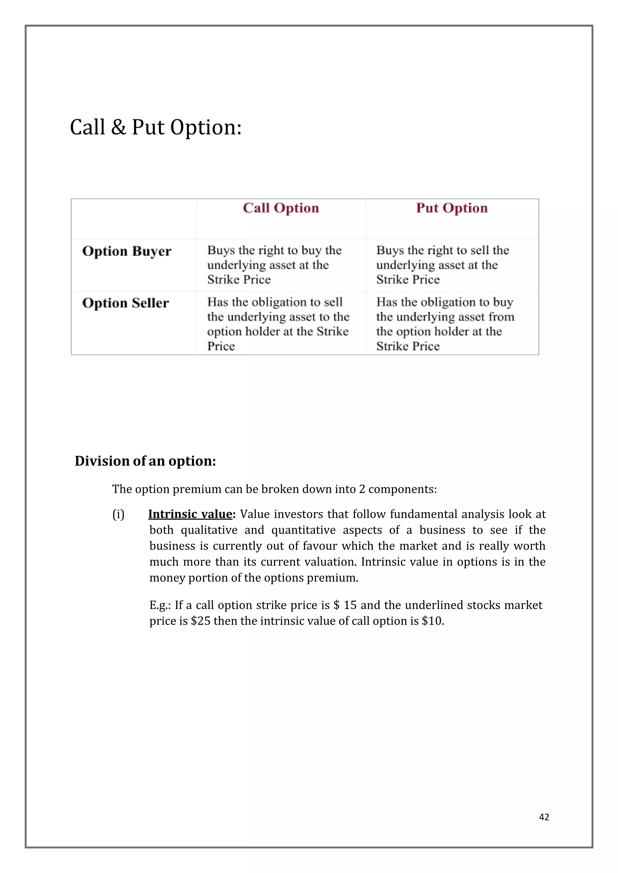 42 
Call & Put Option: 
Division of an option: 
The option premium can be broken down into 2 components: 
(i) Intrinsic value: Value investors that follow fundamental analysis look at 
both qualitative and quantitative aspects of a business to see if the 
business is currently out of favour which the market and is really worth 
much more than its current valuation. Intrinsic value in options is in the 
money portion of the options premium. 
E.g.: If a call option strike price is $ 15 and the underlined stocks market 
price is $25 then the intrinsic value of call option is $10. 
 