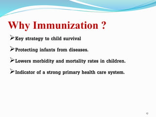 Why Immunization ?
Key strategy to child survival
Protecting infants from diseases.
Lowers morbidity and mortality rates in children.
Indicator of a strong primary health care system.
17
 