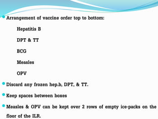 Arrangement of vaccine order top to bottom:
Hepatitis B
DPT & TT
BCG
Measles
OPV
Discard any frozen hep.b, DPT, & TT.
Keep spaces between boxes
Measles & OPV can be kept over 2 rows of empty ice-packs on the
floor of the ILR.
 
