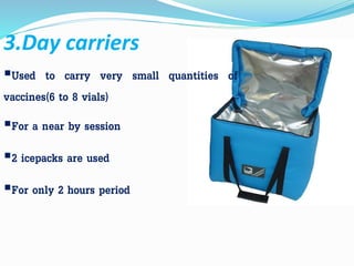 3.Day carriers
Used to carry very small quantities of
vaccines(6 to 8 vials)
For a near by session
2 icepacks are used
For only 2 hours period
 