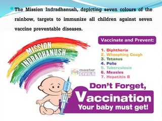 The Mission Indradhanush, depicting seven colours of the
rainbow, targets to immunize all children against seven
vaccine preventable diseases.
 