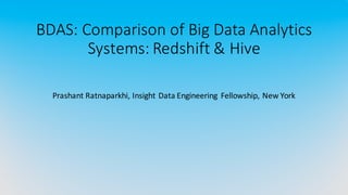 BDAS:&Comparison&of&Big&Data&Analytics&
Systems:&Redshift&&&Hive
Prashant(Ratnaparkhi,(Insight(Data(Engineering( Fellowship,(New(York
 