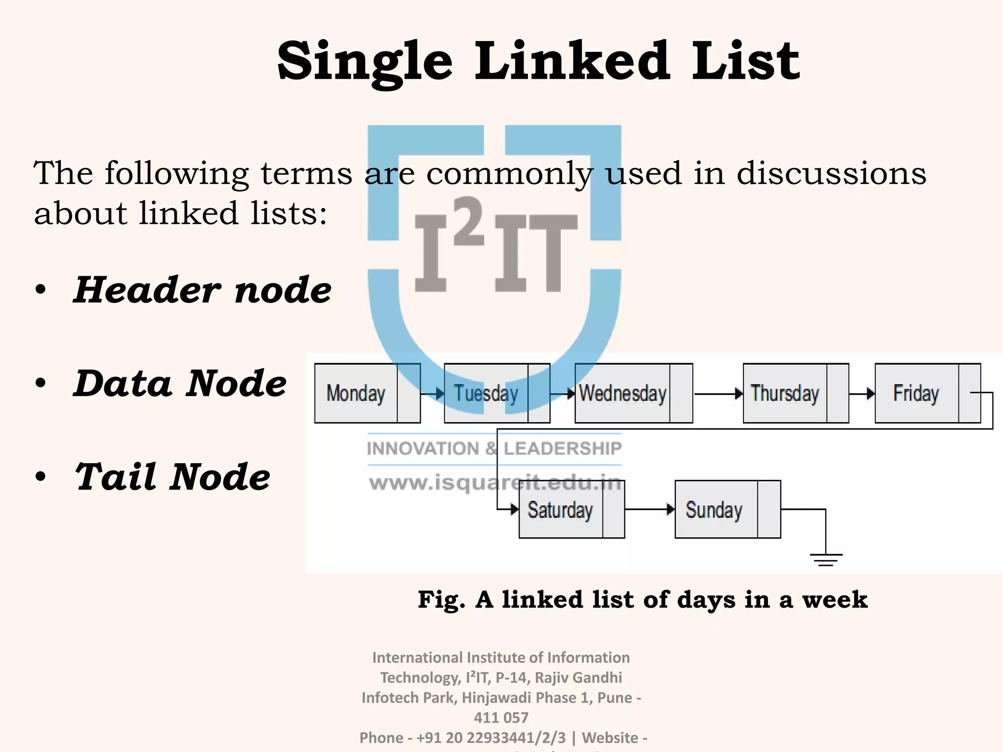 International Institute of Information
Technology, I²IT, P-14, Rajiv Gandhi
Infotech Park, Hinjawadi Phase 1, Pune -
411 057
Phone - +91 20 22933441/2/3 | Website -
Single Linked List
The following terms are commonly used in discussions
about linked lists:
• Header node
• Data Node
• Tail Node
Fig. A linked list of days in a week
 