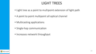 LIGHT TREES
• Light tree as a point to multipoint extension of light path
• A point to point multipoint all optical channel
• Multicasting applications
• Single-hop communication
• Increases network throughput
10
 