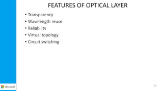 FEATURES OF OPTICAL LAYER
• Transparency
• Wavelength reuse
• Reliability
• Virtual topology
• Circuit switching
13
 