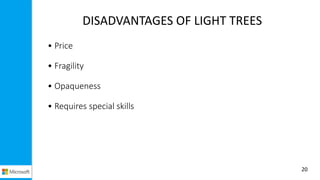 DISADVANTAGES OF LIGHT TREES
• Price
• Fragility
• Opaqueness
• Requires special skills
20
 