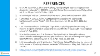 REFERENCES
1) R. Lin, M. Zukerman, G. Shen and W. Zhong, "Design of light-tree based optical inter-
datacenter networks," in IEEE/OSA Journal of Optical Communications and Networking,
vol. 5, no. 12, pp. 1443-1455, Dec. 2013.
2) B. Mukherjee,” Optical Communication Networks”, New York:McGraw-Hill, 1997.
3) I. Chlamtac, A. Ganz, G. Karmi, "Lightpath communications: An approach to
highbandwidth optical WAN's", IEEE Trans. Commun., vol. 40, pp. 1171-1182, July
1992.
4) L. H. Sahasrabuddhe, B. Mukherjee, “Light-trees: Exploiting optical multicasting to
improve the performance of unicast and broadcast traffic in wavelength-routed optical
networks”, Aug. 1998.
5) R. M. Krishnaswamy, and K. N. Sivarajan, “Design of Logical Topologies: A Linear
Formulation for Wavelength-Routed Optical Networks with No Wavelength Changers,”
IEEE/ACM Trans. Networking, vol. 9, no. 2, Apr. 2001, pp. 186-198.
6) L. H. Sahasrabuddhe and B. Mukherjee, “Light-Trees: Optical Multicasting for Improved
Performance in Wavelength-Routed Networks,” IEEE Commun. Mag., Feb. 2009, pp. 67-
731790.
7) https://koovik.com/en/2018/09/21/iptv-broadcast-multicast-unicast-streaming/
23
 
