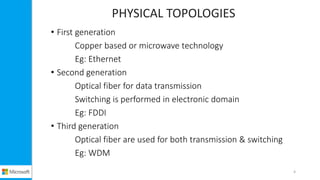 PHYSICAL TOPOLOGIES
• First generation
Copper based or microwave technology
Eg: Ethernet
• Second generation
Optical fiber for data transmission
Switching is performed in electronic domain
Eg: FDDI
• Third generation
Optical fiber are used for both transmission & switching
Eg: WDM
4
 
