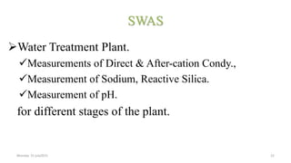 SWAS
Water Treatment Plant.
Measurements of Direct & After-cation Condy.,
Measurement of Sodium, Reactive Silica.
Measurement of pH.
for different stages of the plant.
Monday 31 july2015 22
 