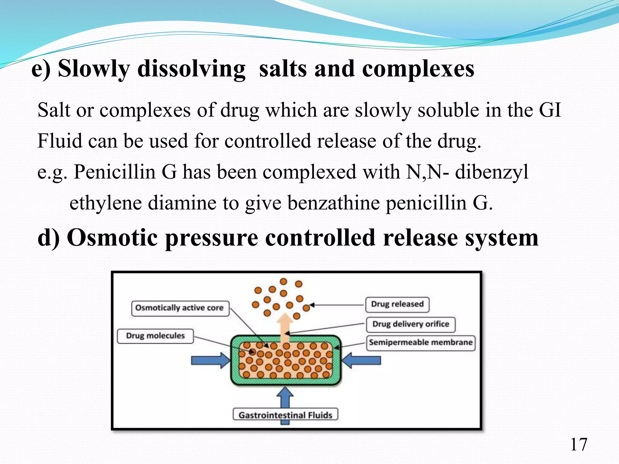e) Slowly dissolving salts and complexes
Salt or complexes of drug which are slowly soluble in the GI
Fluid can be used for controlled release of the drug.
e.g. Penicillin G has been complexed with N,N- dibenzyl
ethylene diamine to give benzathine penicillin G.
d) Osmotic pressure controlled release system
17
 
