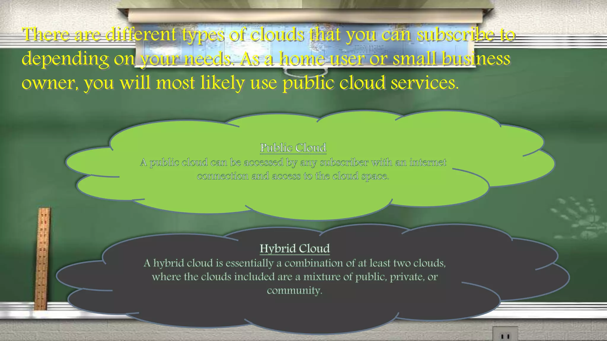 There are different types of clouds that you can subscribe to 
depending on your needs. As a home user or small business 
owner, you will most likely use public cloud services. 
 