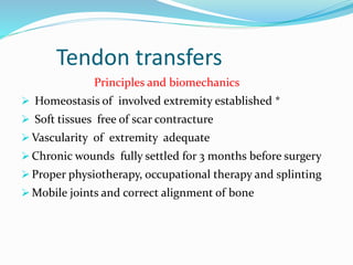 Tendon transfers
Principles and biomechanics
 Homeostasis of involved extremity established *
 Soft tissues free of scar contracture
 Vascularity of extremity adequate
 Chronic wounds fully settled for 3 months before surgery
 Proper physiotherapy, occupational therapy and splinting
 Mobile joints and correct alignment of bone
 