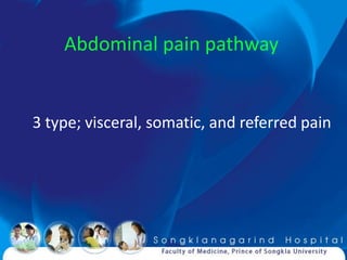 Abdominal pain pathway


3 type; visceral, somatic, and referred pain
 