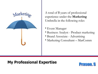 My Professional Expertise A total of  5  years of   professional experience under the  Marketing  Umbrella in   the following roles Event Manager Business Analyst - Product marketing Brand Associate - Advertising Marketing Consultant – MarComm 