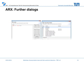 Technische Universität MünchenARX - A Comprehensive Tool for Anonymizing Biomedical Data
19.03.2015 15
ARX: Further dialogs
 