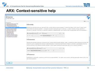 Technische Universität MünchenARX - A Comprehensive Tool for Anonymizing Biomedical Data
19.03.2015 28
ARX: Context-sensitive help
 